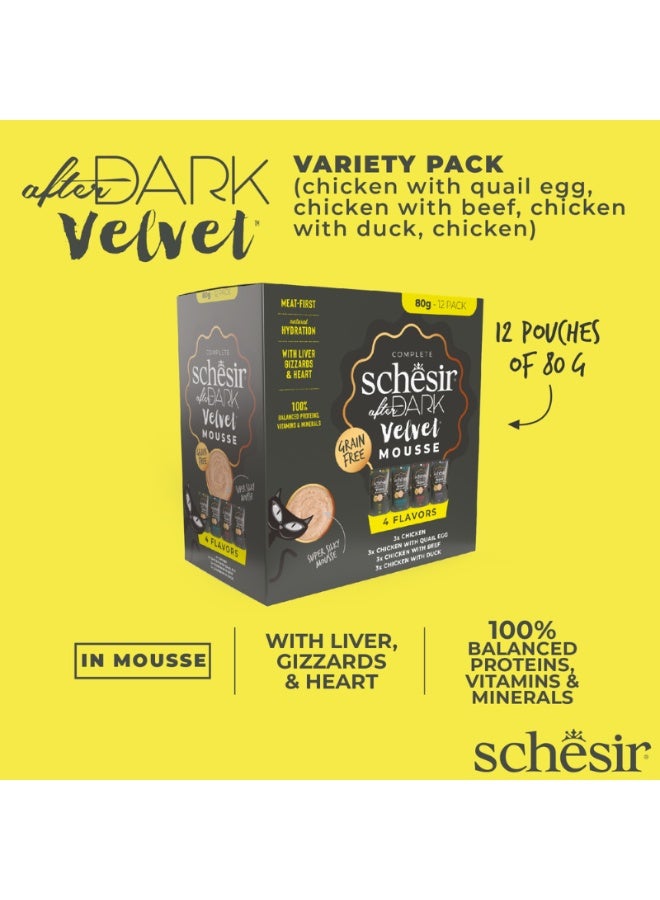 Schesir After Dark Velvet Mousse in Broth Wet Cat Food Variety Pack 960g (12x80g) | Grain Free High Protein Complete Adult Cat Meal with Organ Meat & Hydration Support - Image 2